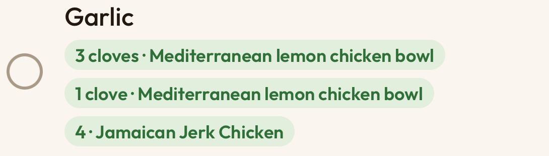 One list line for onions showing it came from both the Green Curry and Tacos recipes